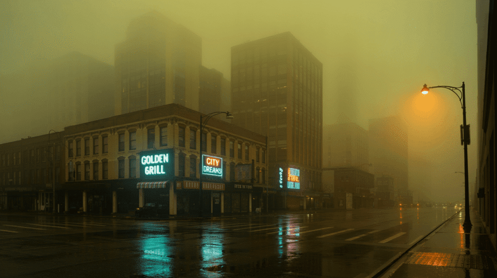 dirty downtown area because of bad air quality