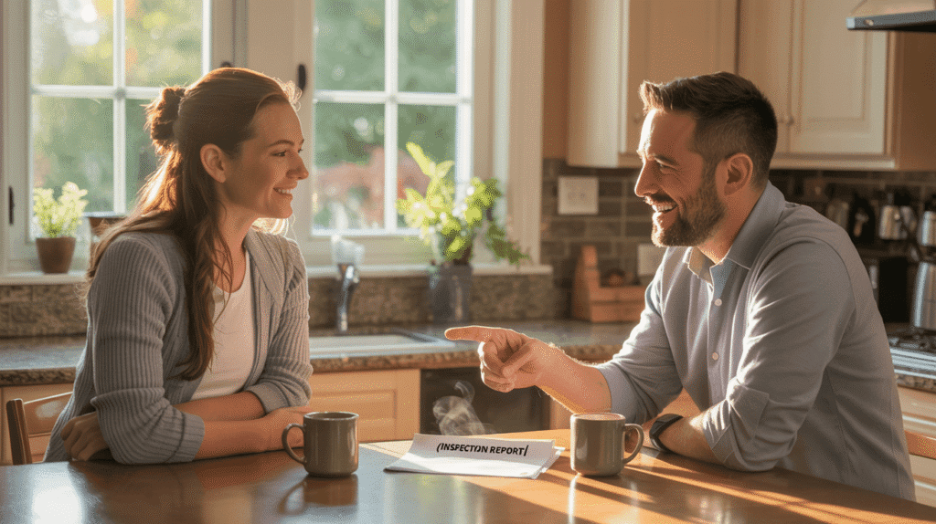 Friendly home inspector sitting with a homebuyer at a kitchen table, reviewing the inspection report over coffee.