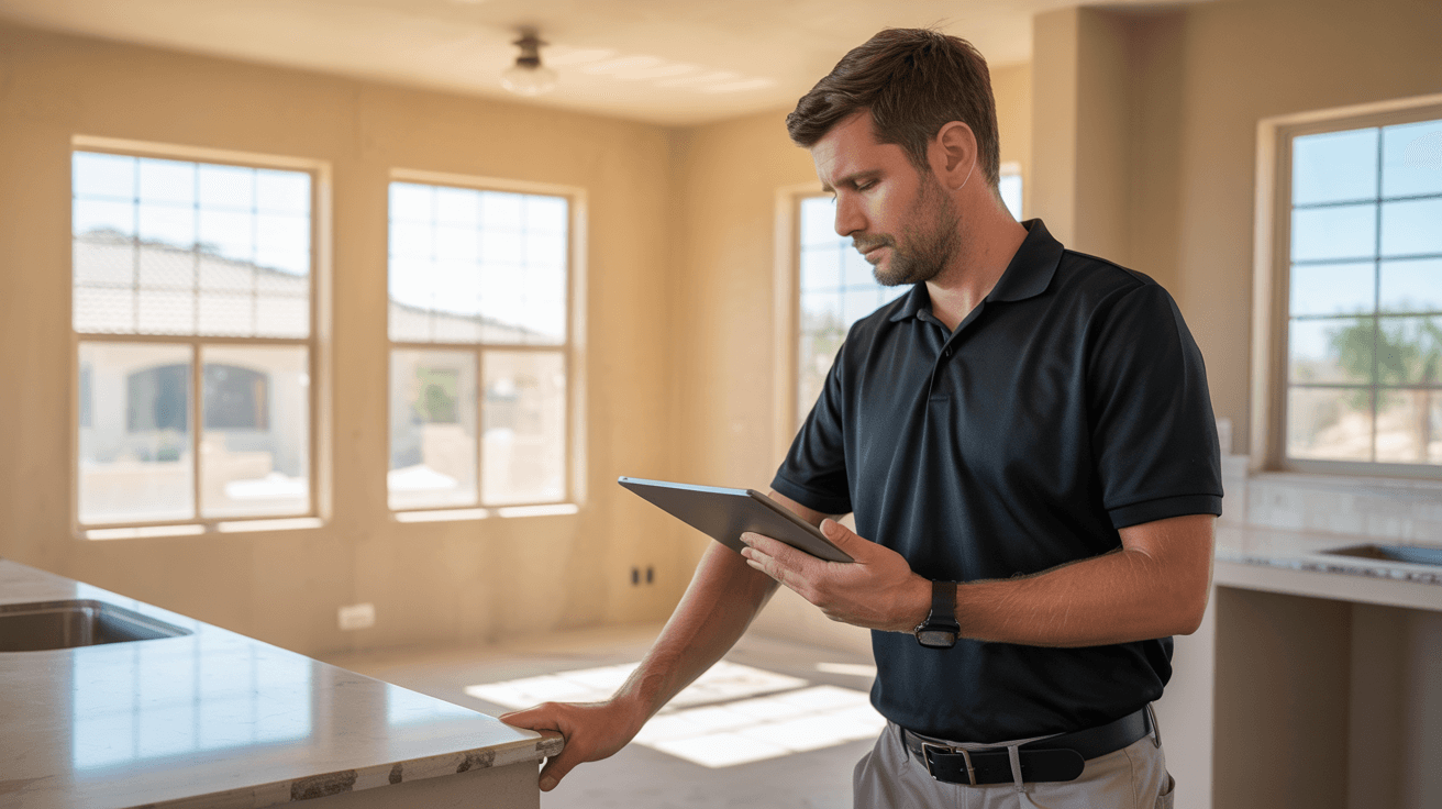 Inspector conducting an 11-month warranty home inspection in Chandler, AZ before builder warranty expires