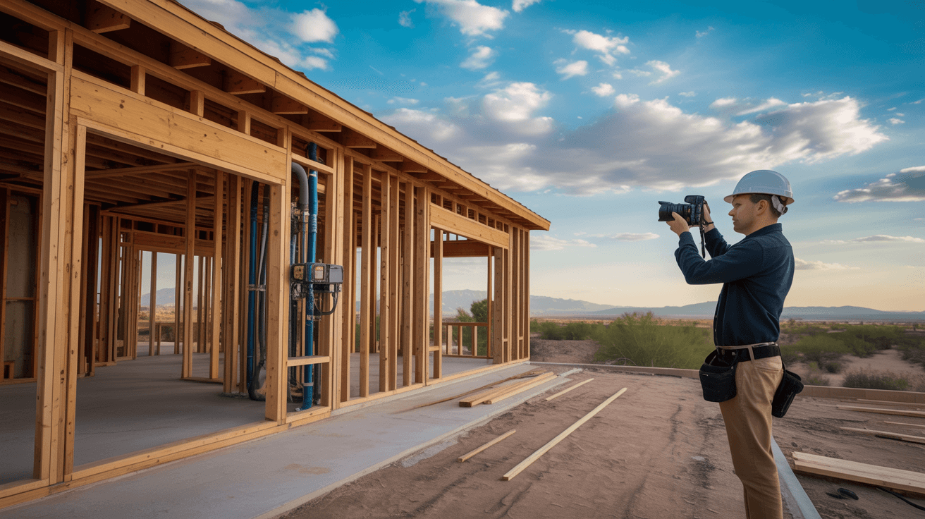 Consultant documenting construction progress of a home in Chandler, AZ with photo and report checklist