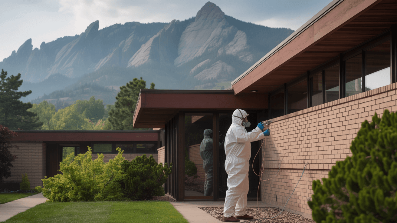 echnician performing asbestos sampling coordination in Boulder, CO home with Flatirons in view