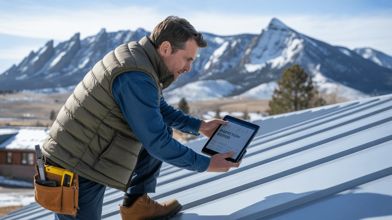 Roof inspector on a Boulder home with metal roofing and snowy Flatirons behind
