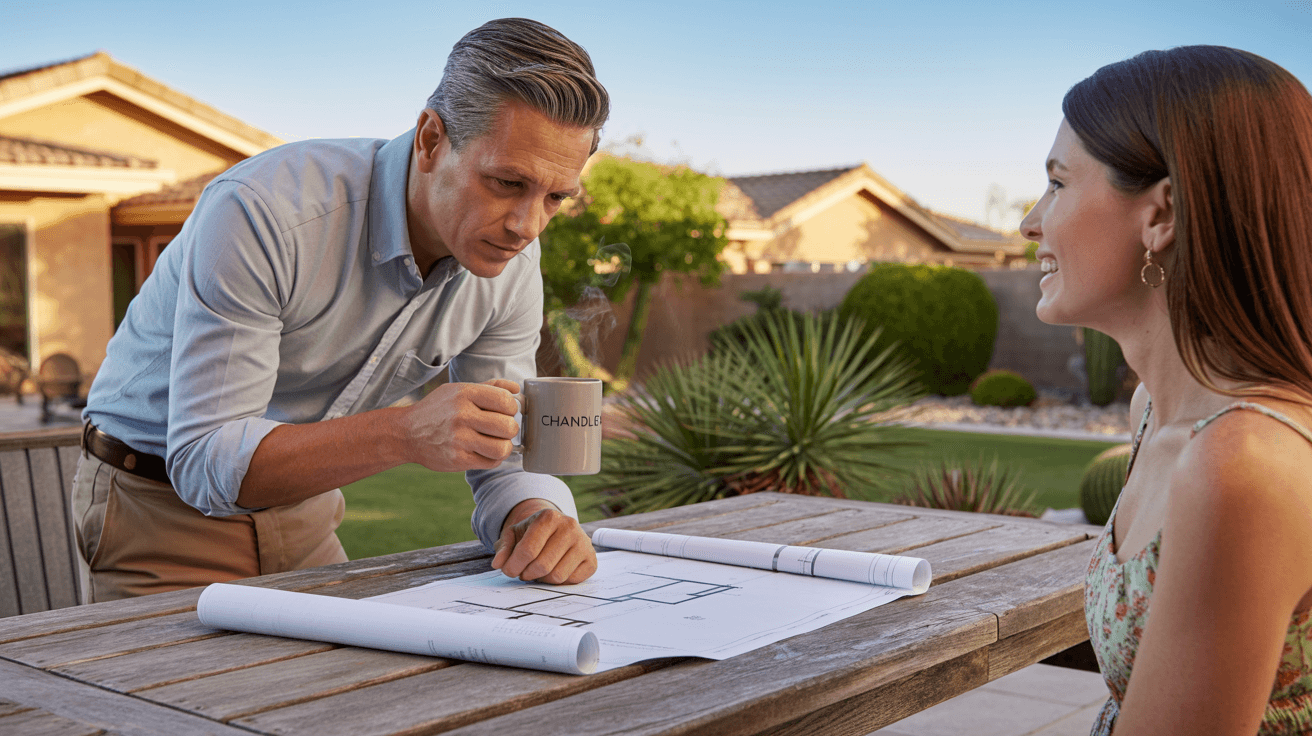 Building consultant in Chandler, AZ discussing construction plans over coffee outside a desert-style home