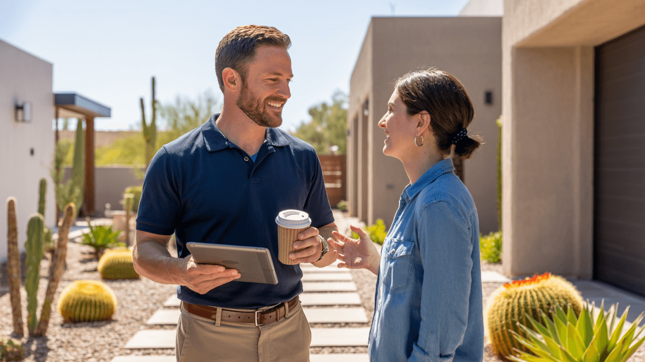 Building inspector in Chandler, AZ discussing home inspection findings over coffee