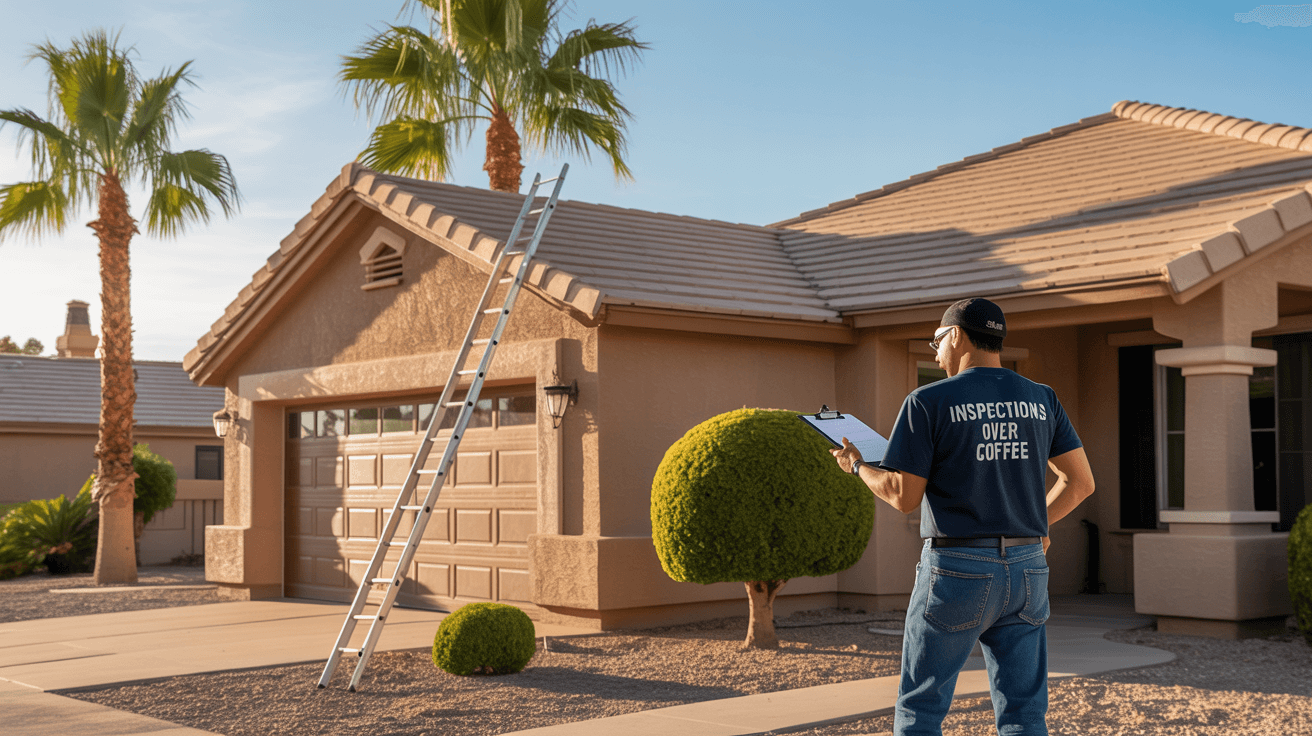 Home inspector conducting a buyer's home inspection in Chandler, AZ in a modern desert-style neighborhood