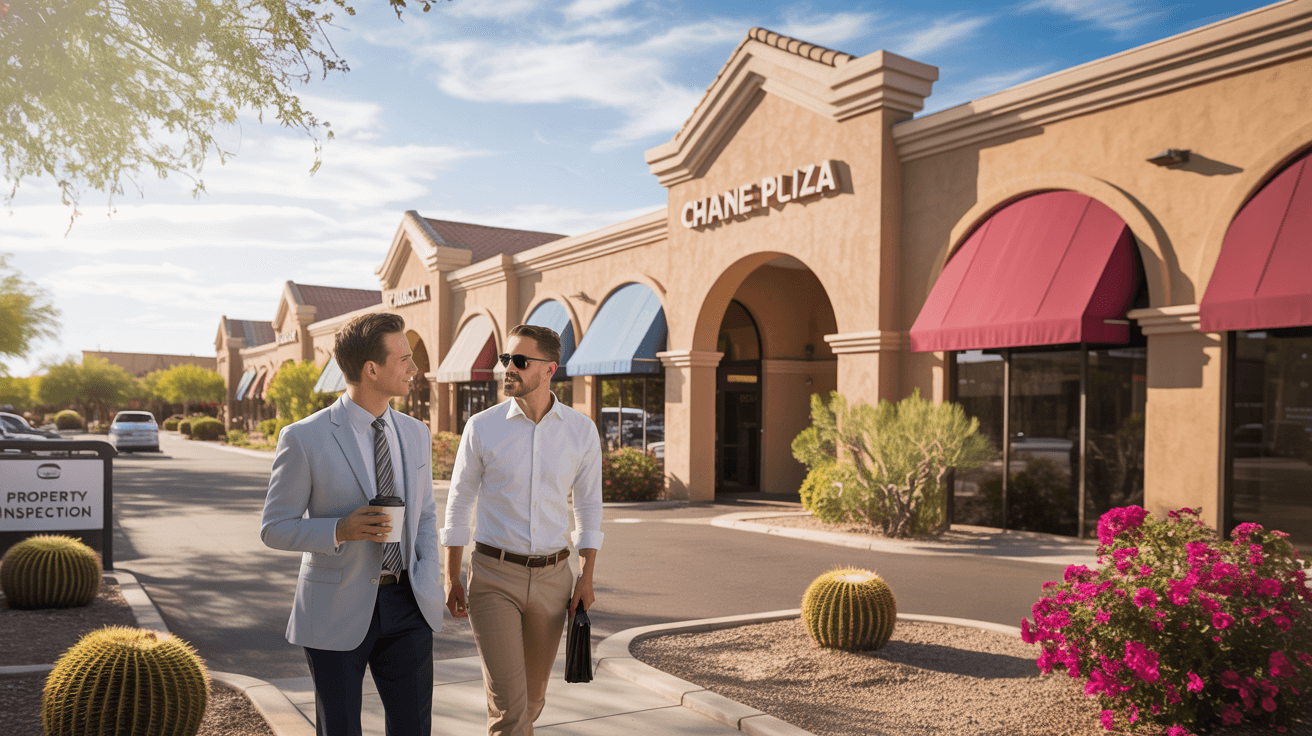Commercial real estate inspector in Chandler, AZ examining retail property with coffee and checklist