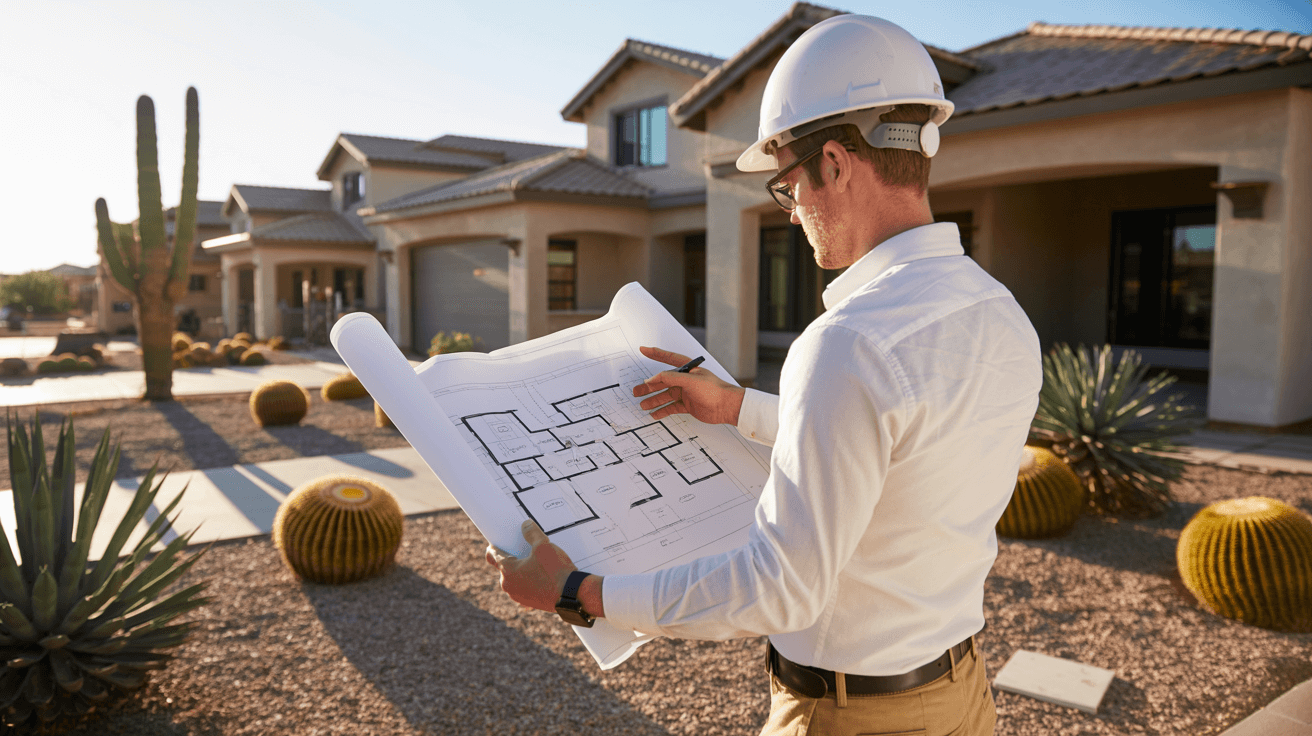 Construction consultant overseeing a home build in Chandler, AZ with blueprints and Arizona-style homes nearby