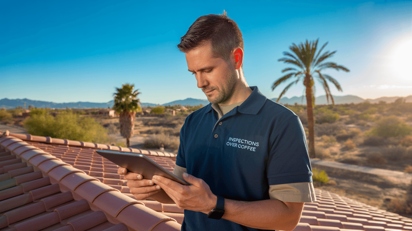 Home inspector examining a tile roof in Chandler, AZ during a sunny day
