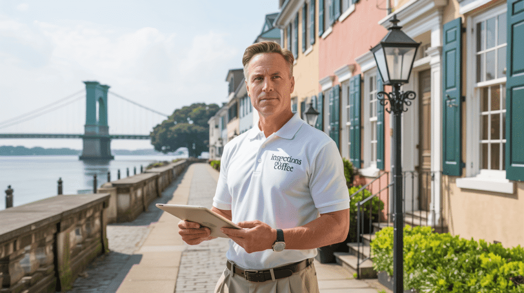 Home inspection franchise owner in Charleston, SC standing in front of a historic home with palm trees and Ravenel Bridge or colonial architecture in the background