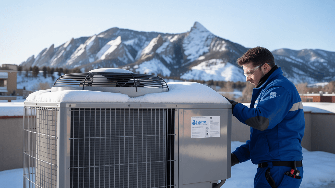 Technician performing commercial HVAC evaluation on rooftop unit in Boulder, CO office building
