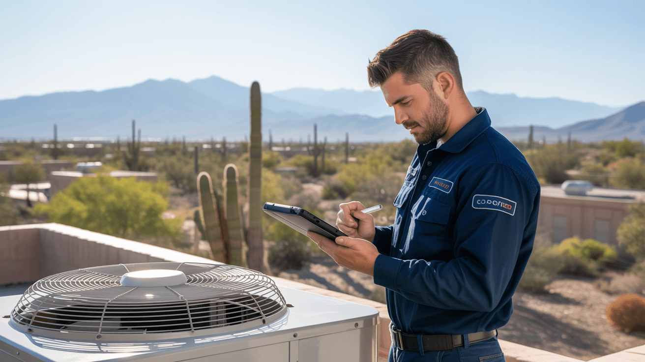 Inspector in Chandler, AZ evaluating a rooftop commercial HVAC system during a pre-lease inspection