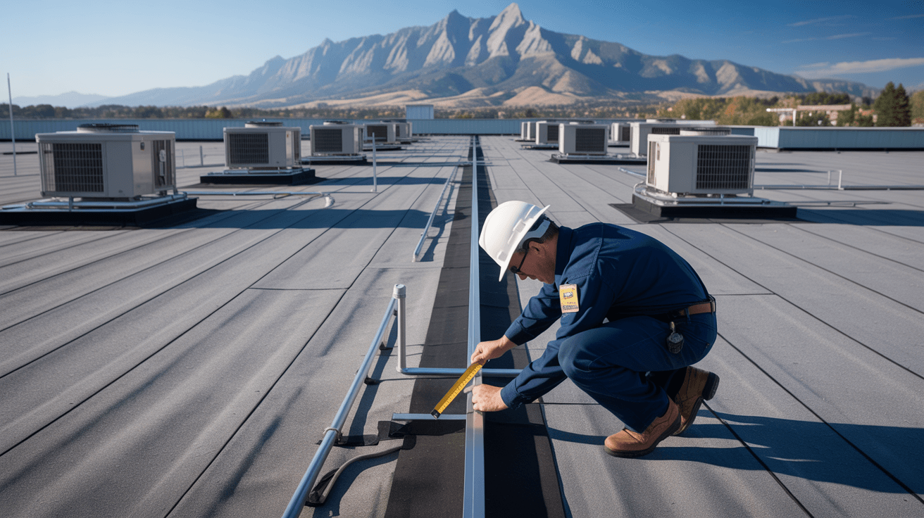 Inspector performing commercial roof evaluation in Boulder, CO on a flat commercial building with mountain views
