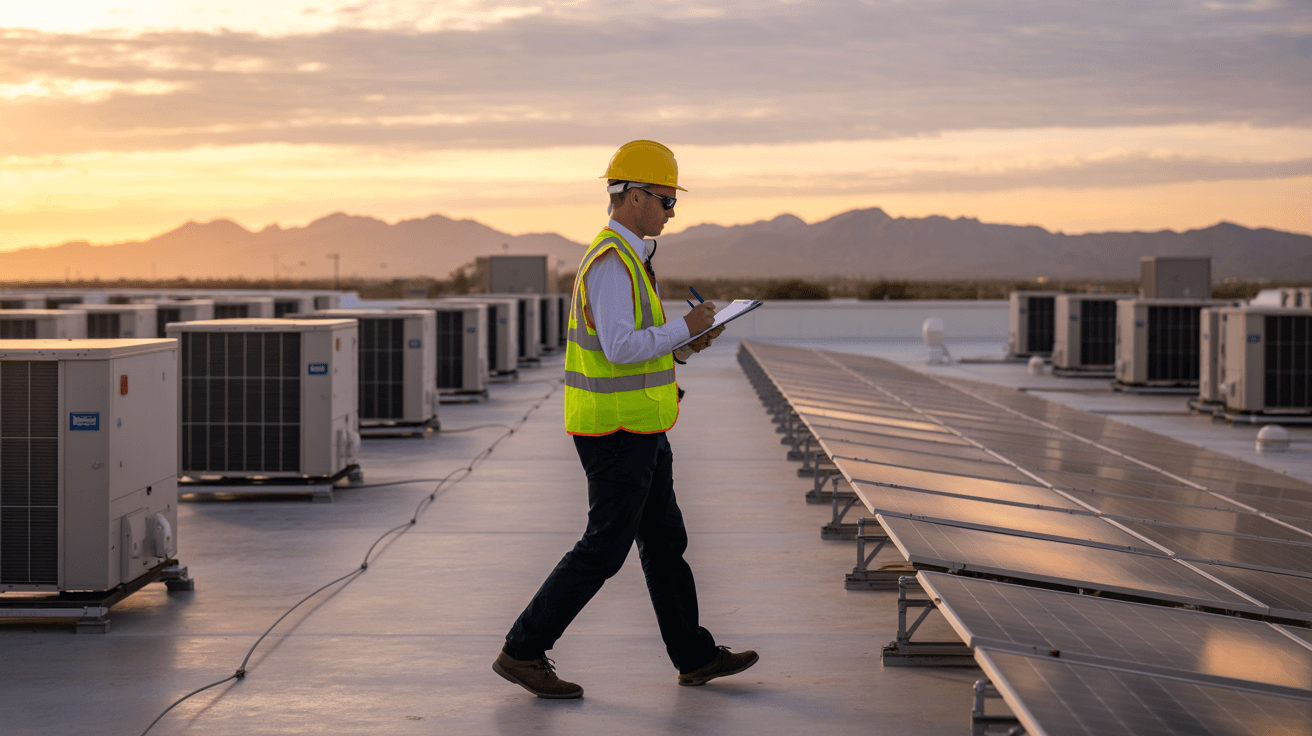 Inspector performing a commercial roof evaluation in Chandler, AZ on a flat-roofed retail building