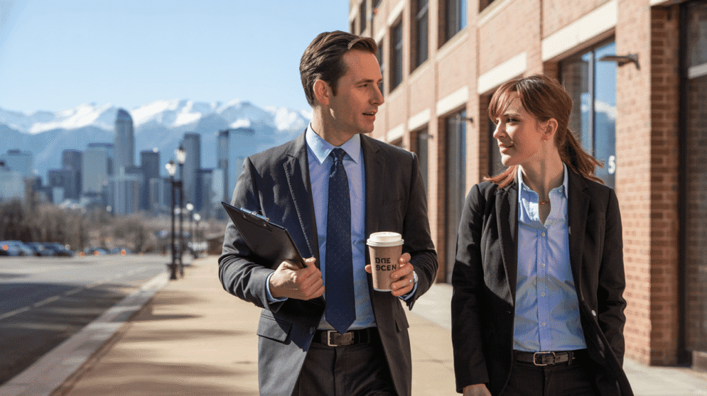 Commercial real estate inspector in Denver, CO reviewing exterior condition of urban office property with coffee in hand