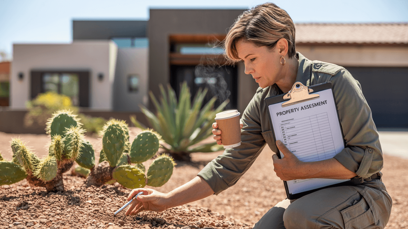 Environmental consultant in Chandler, AZ inspecting residential soil and surroundings for environmental safety