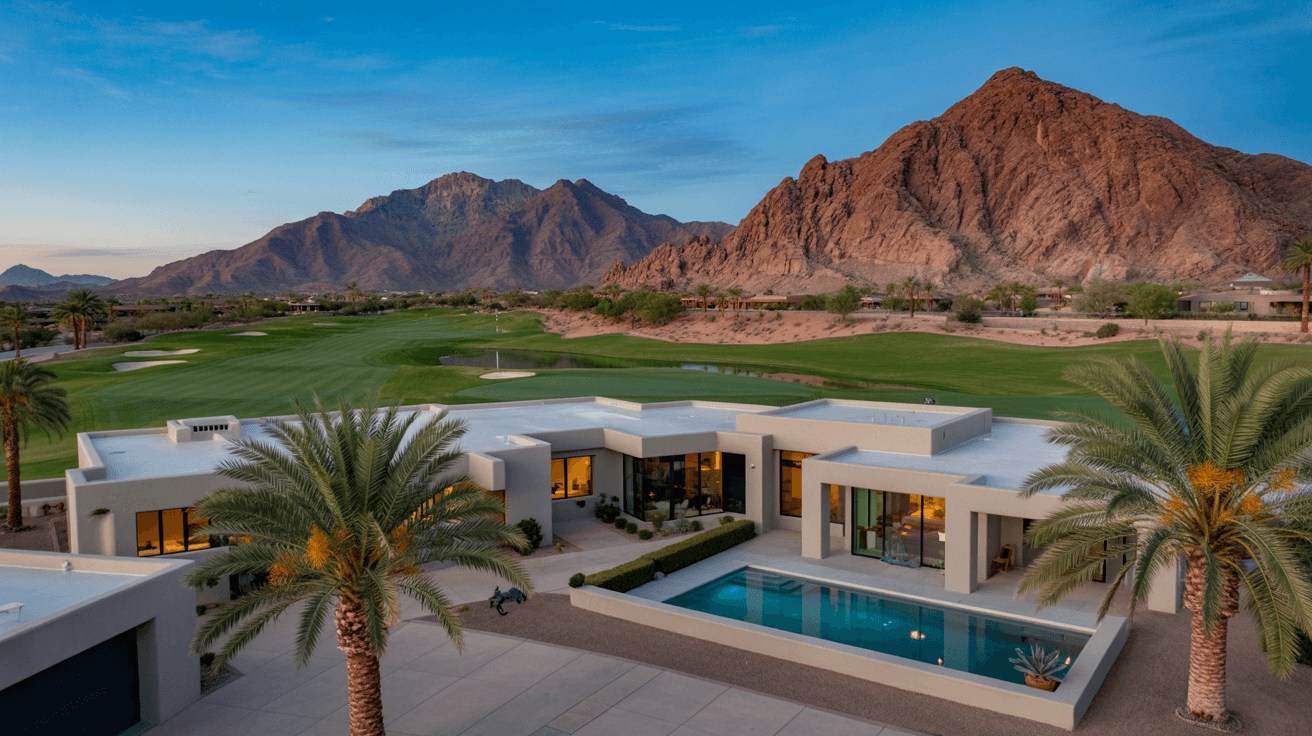 Modern Arizona home with desert mountains and palm trees for Inspections Over Coffee Arizona home inspections