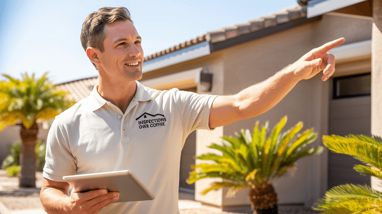Home inspector evaluating a Chandler, AZ home with tablet in hand and palm trees in the background