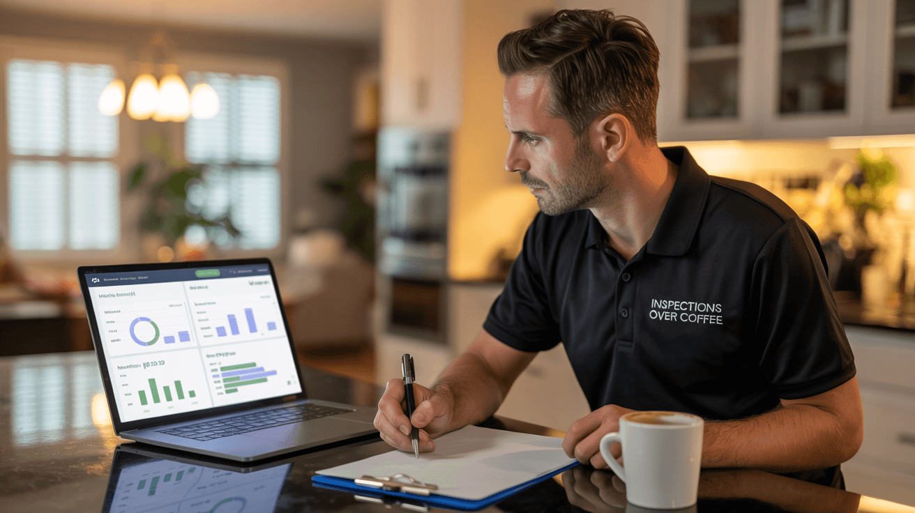 Franchise home inspector reviewing monthly earnings data and revenue breakdown from completed inspections and add-on services.