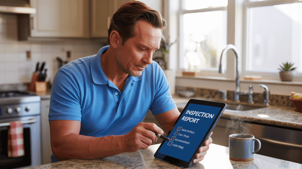 Home inspection franchise owner reviewing a digital report in a client’s living room