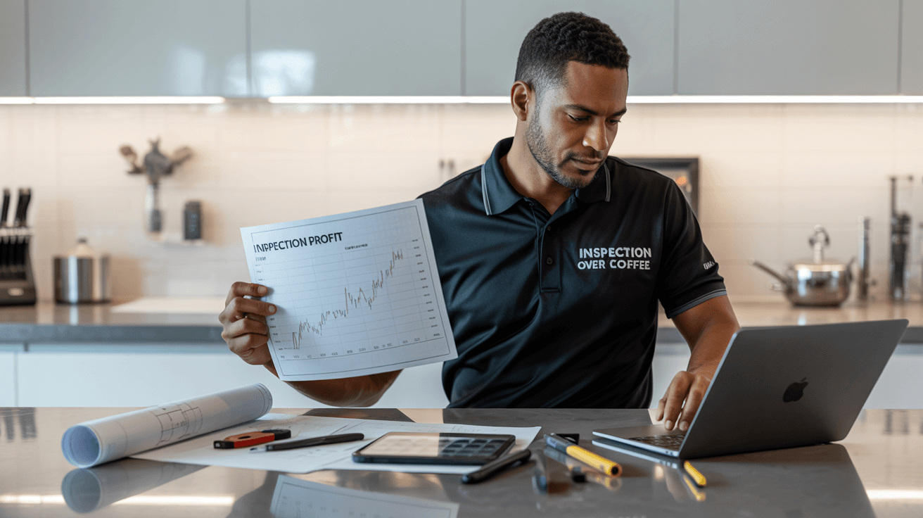 Franchise home inspector reviewing monthly profit report, showing high margins from inspections and add-on services.