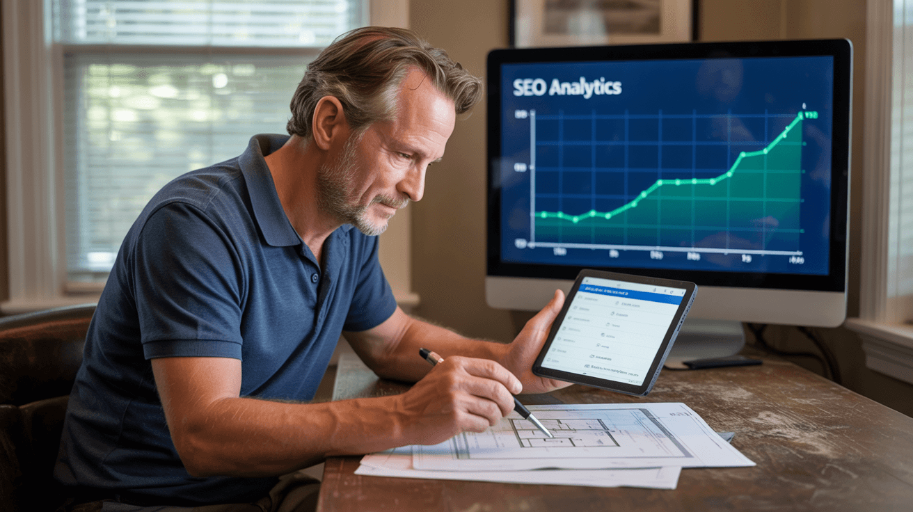 Solo home inspector at a desk reviewing blueprints and inspection tools, with a digital screen showing SEO analytics behind him