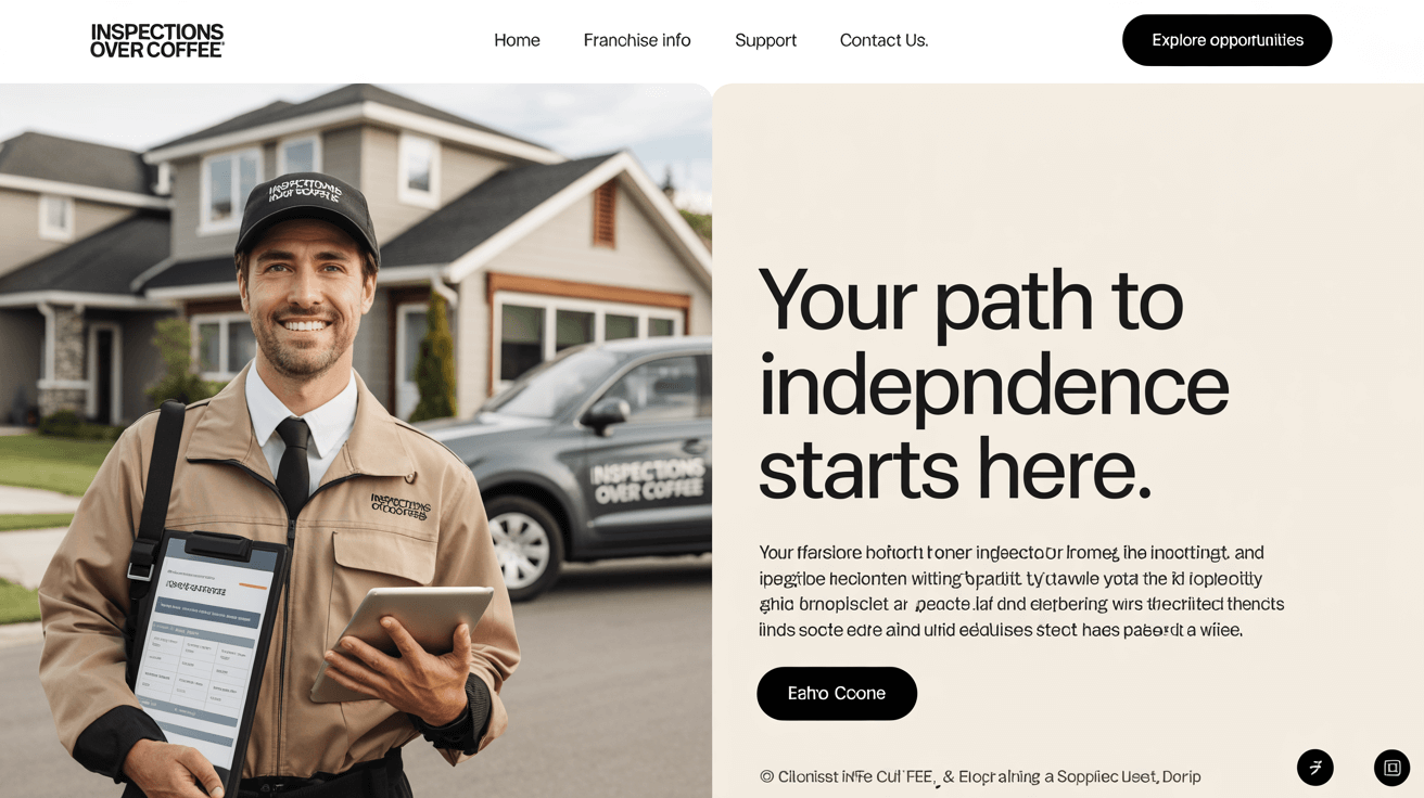 New home inspector launching a business with Inspections Over Coffee franchise, standing in front of house with inspection tools and branded vehicle.