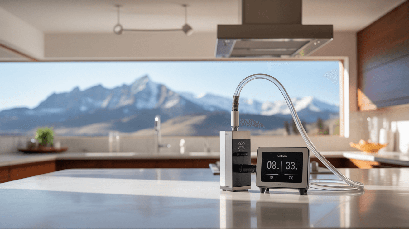 Indoor air quality testing being conducted in a Boulder, CO home with digital monitor on a table
