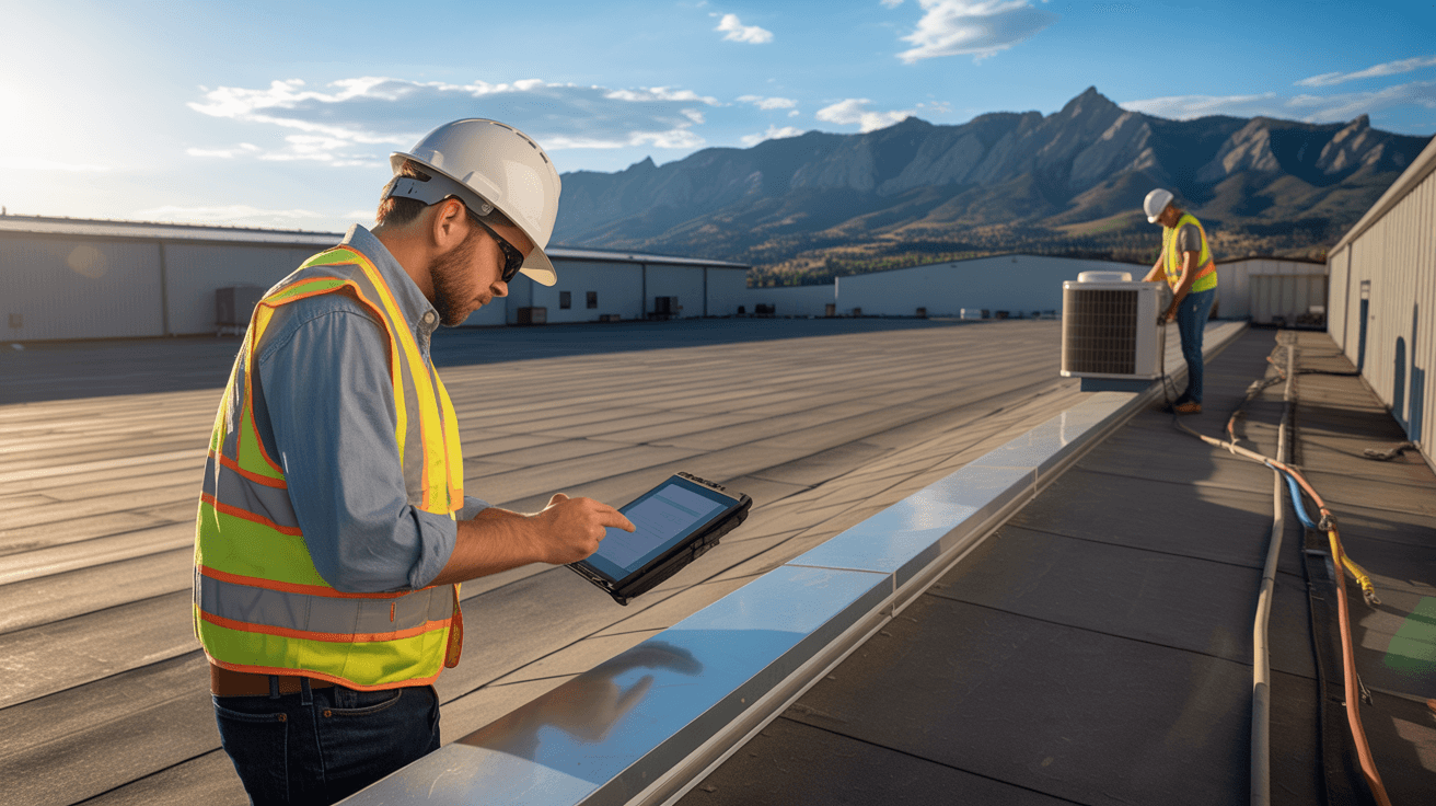 Inspector conducting industrial property inspection at a Boulder, CO warehouse facility