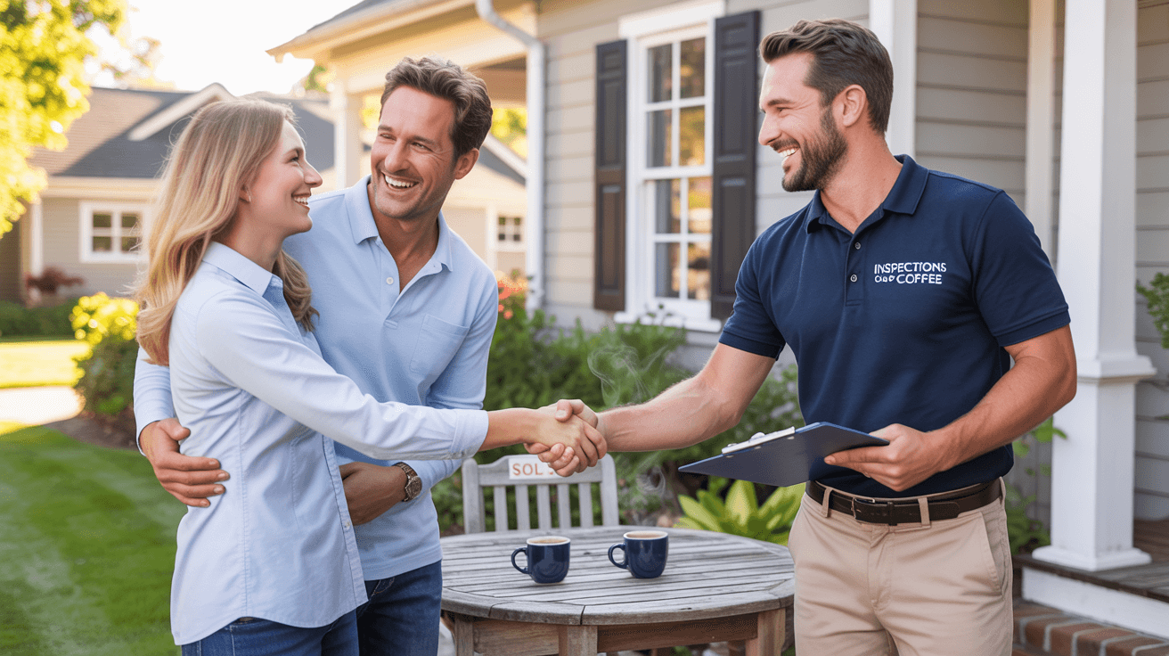 “Happy homeowners shaking hands with an Inspections Over Coffee inspector after a successful home inspection