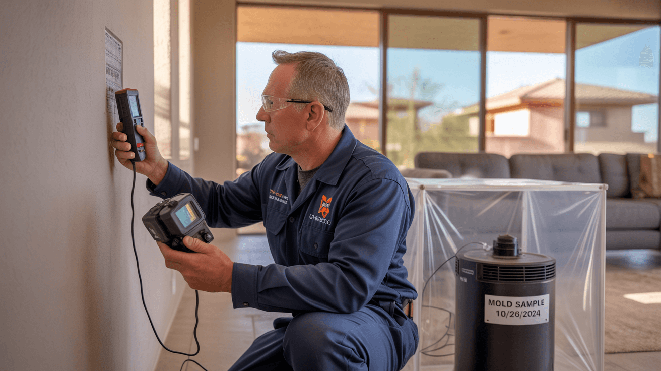Inspector testing for hidden mold using thermal imaging and air sampling equipment in a Chandler, AZ home