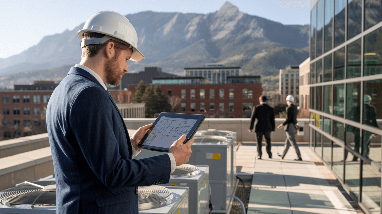 Boulder, CO office building inspection showing exterior and interior evaluations of multi-tenant commercial space