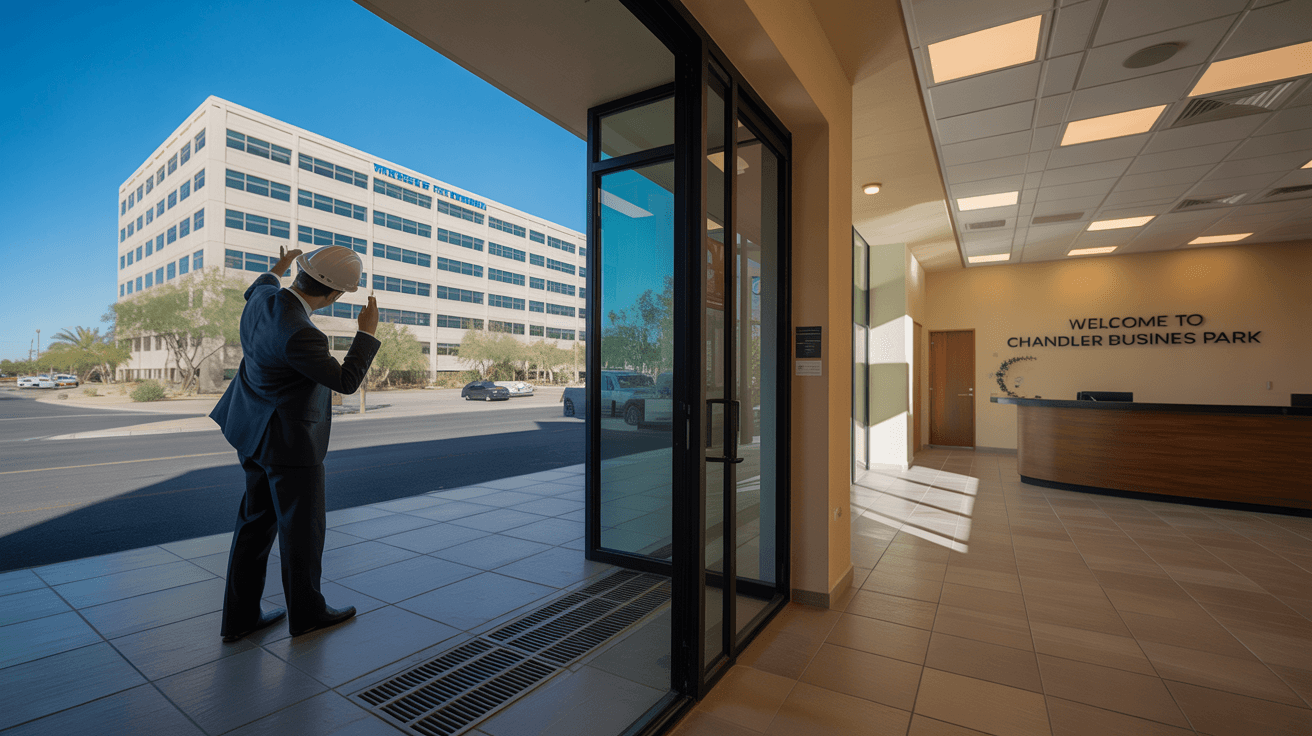 Inspector conducting office building inspection in Chandler, AZ, checking mechanical systems and common areas