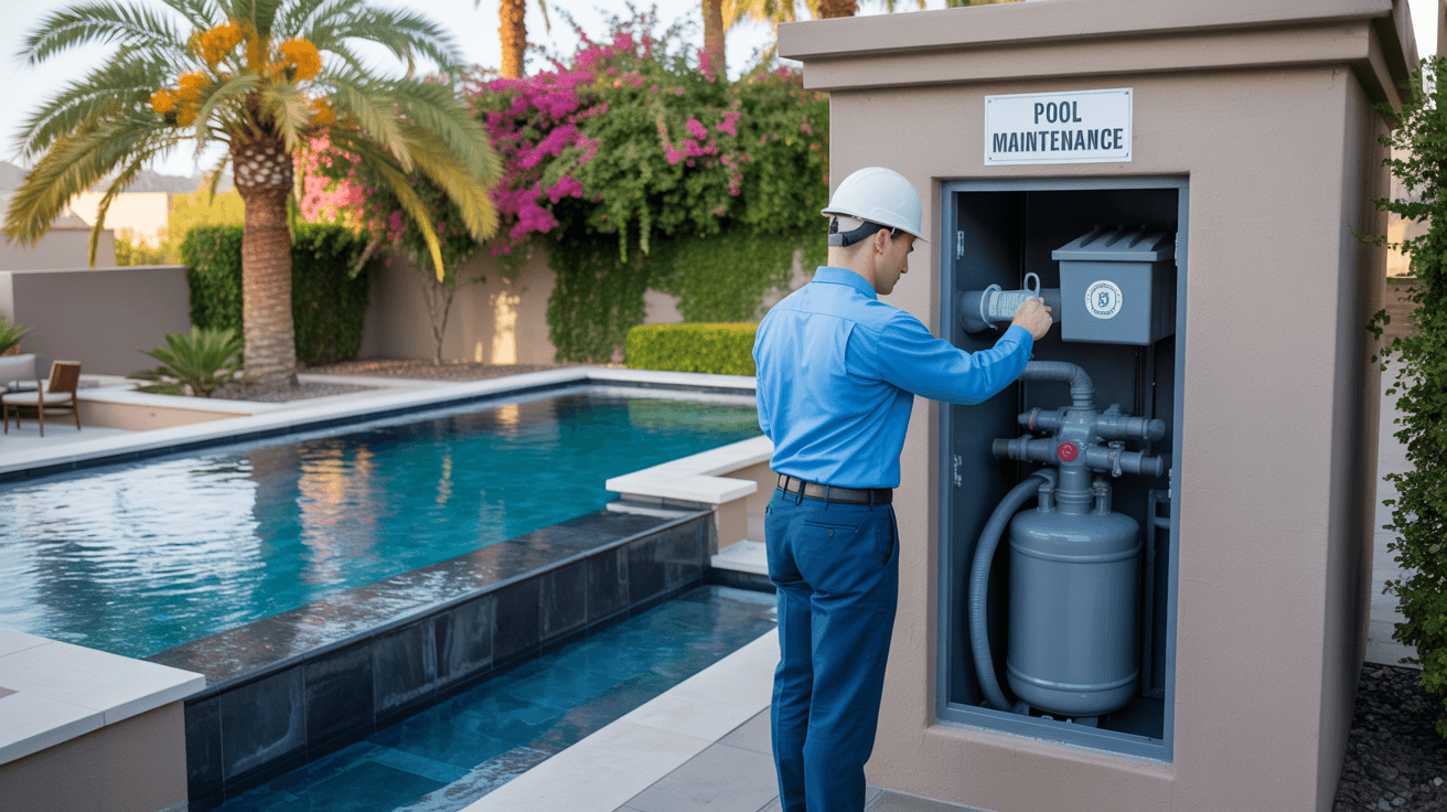 Inspector evaluating a residential pool system during a home inspection in Chandler, AZ