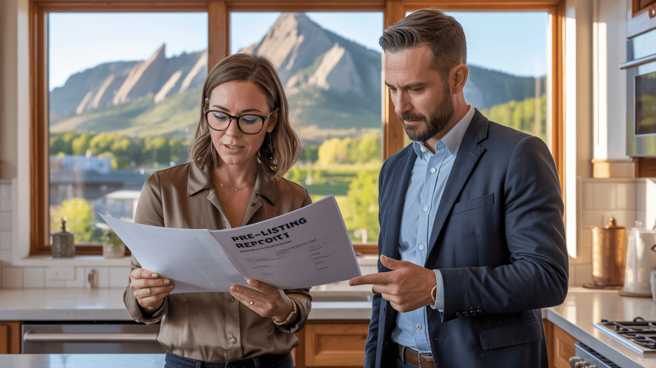 Pre-listing home inspection in Boulder, CO with agent and seller reviewing report before listing
