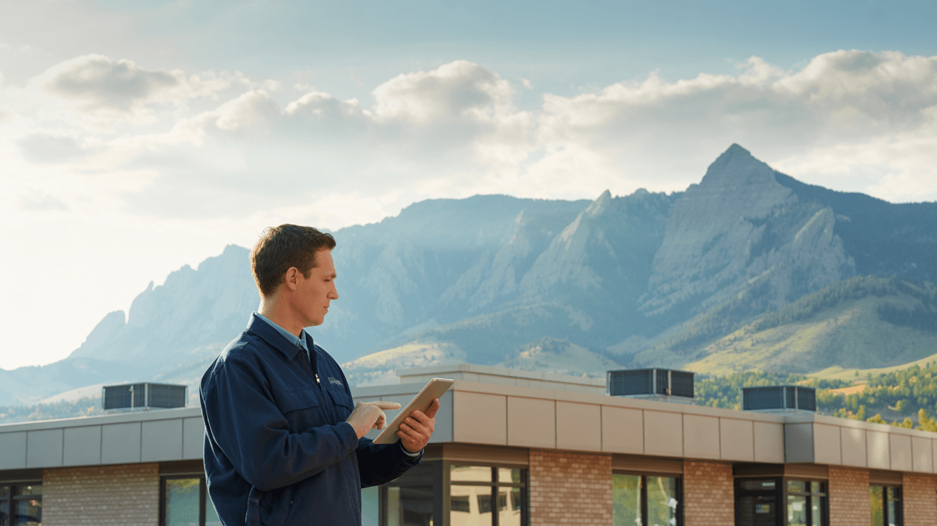 Property condition assessment in Boulder, CO showing inspector evaluating commercial roof and systems