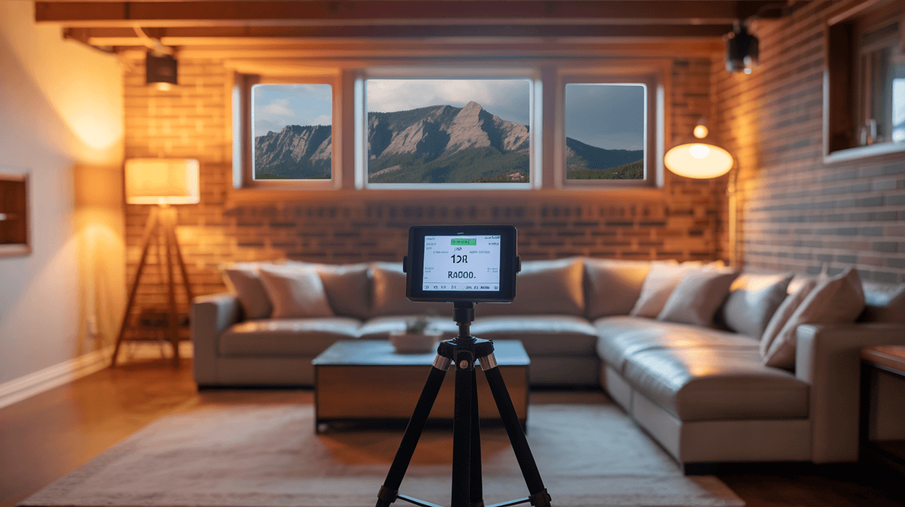 Radon testing setup in a Boulder, CO home basement with Flatirons visible in the background