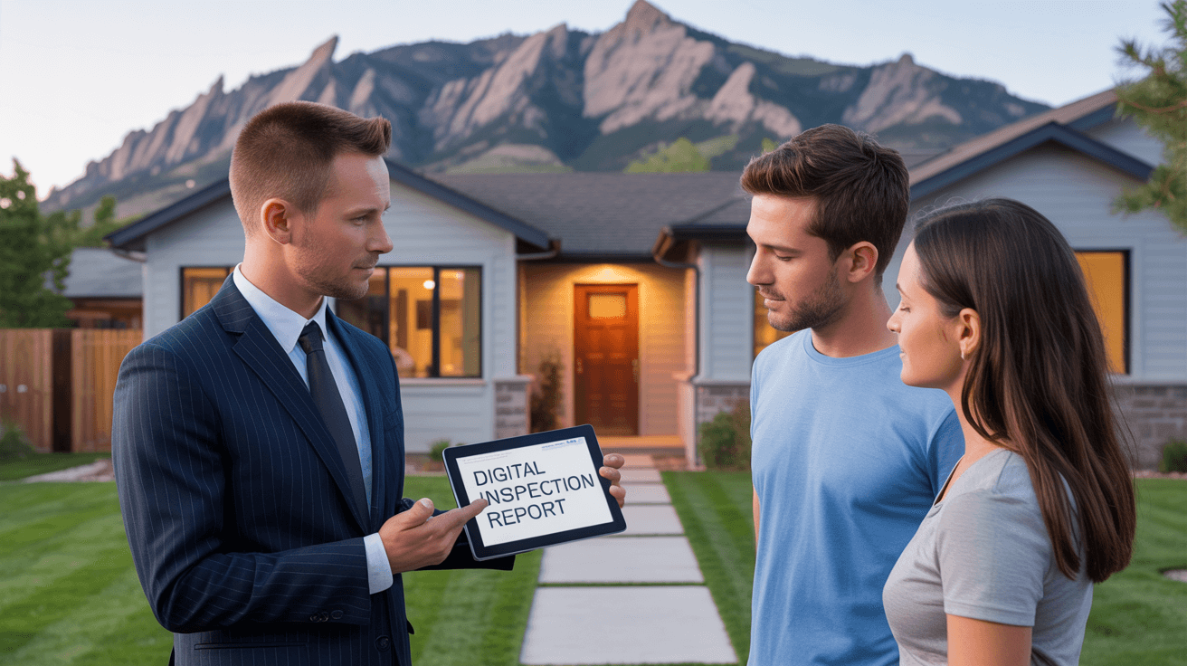 Home inspector in Boulder, CO delivering a same day inspection report to clients with tablet in hand