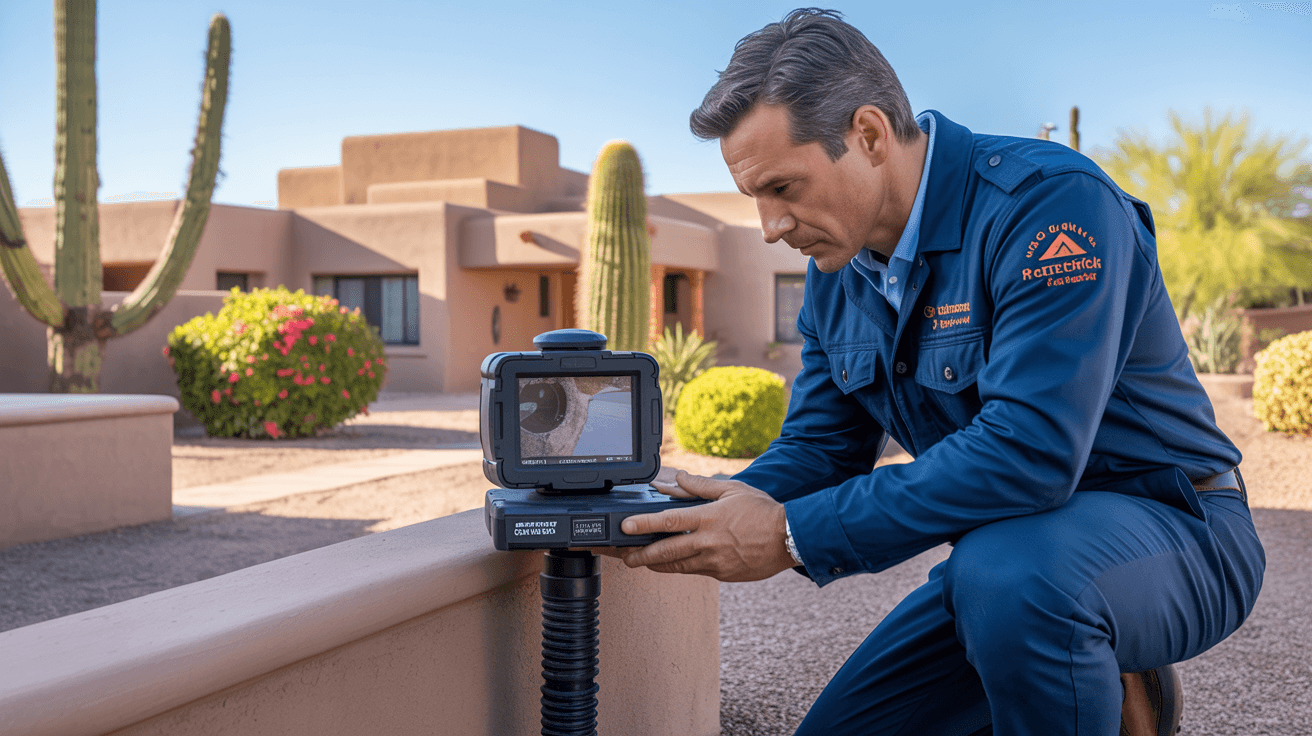 Inspector performing a sewer scope inspection using a high-definition camera in Chandler, AZ