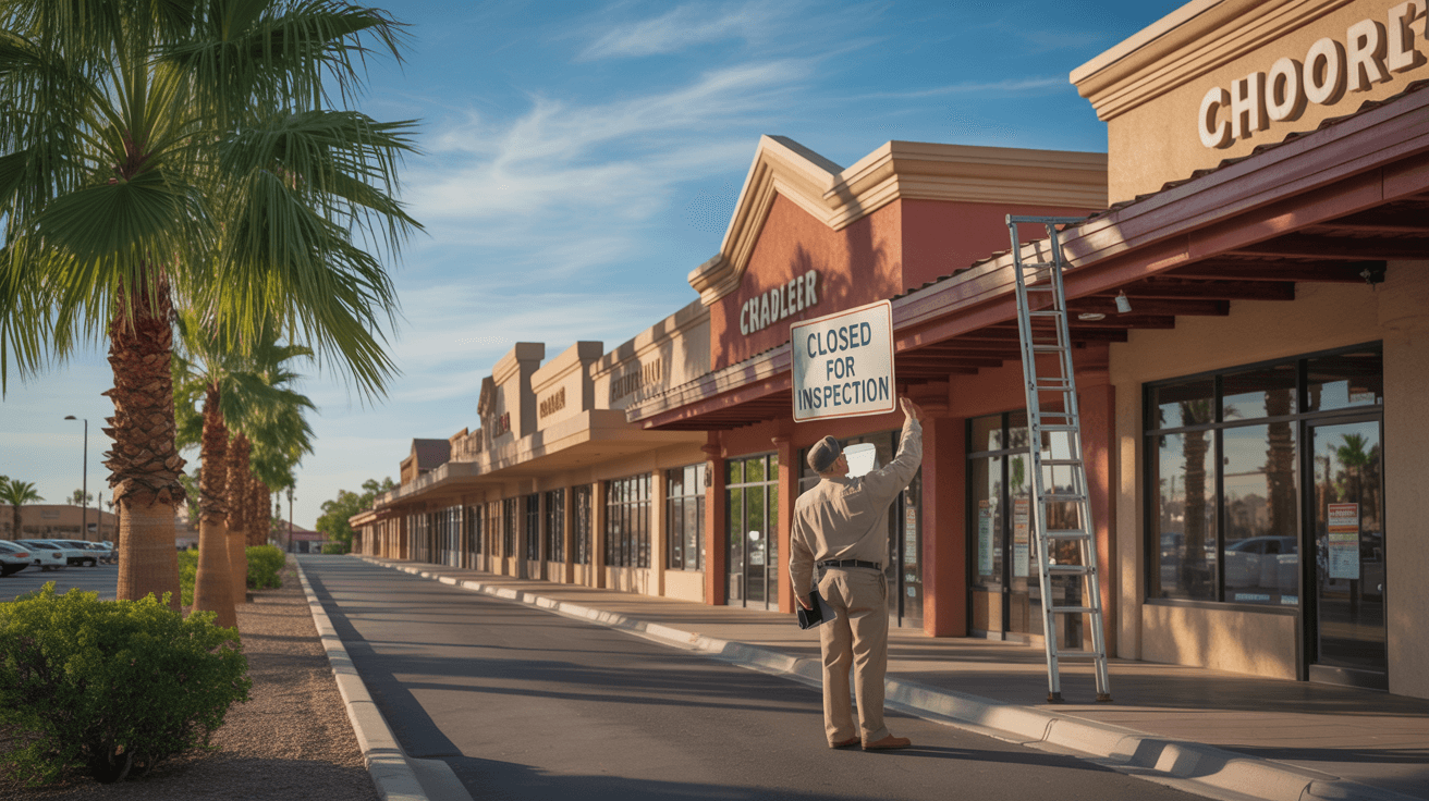 Inspector evaluating a Chandler, AZ retail strip mall for condition and tenant unit readiness