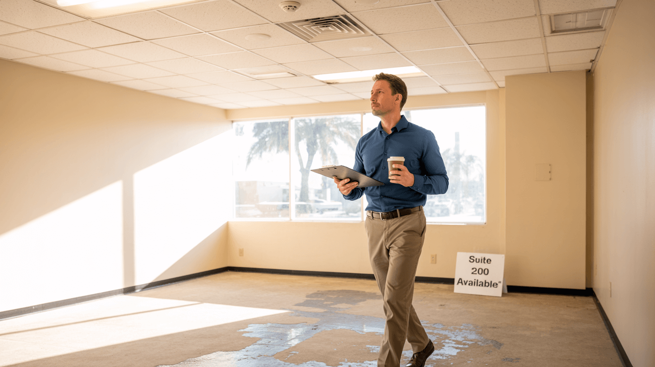 Triple-net lease exit inspection in Chandler, AZ inside a retail unit with inspector noting property condition