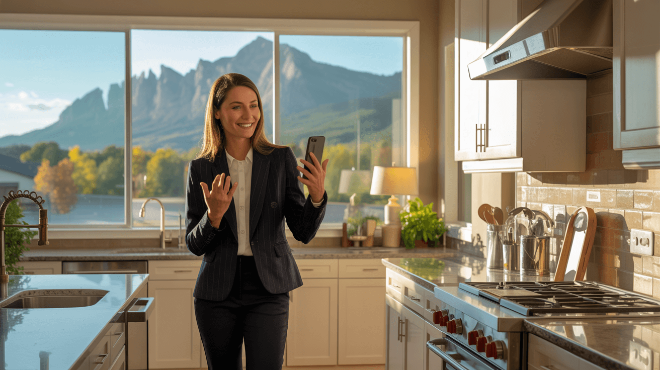 Real estate agent in Boulder, CO conducting a video listing consultation with a home inspector via phone walkthrough