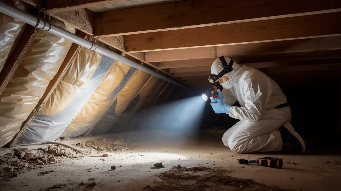 Crawlspace inspection under a Chandler AZ home with inspector examining wood beams and moisture levels.