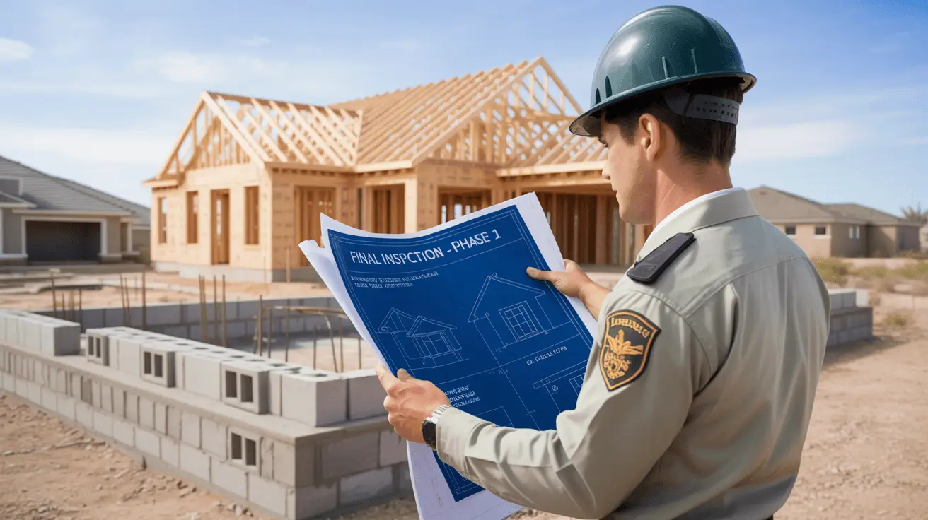 New construction home inspection in Chandler AZ with inspector reviewing structure and plans at a desert home site.