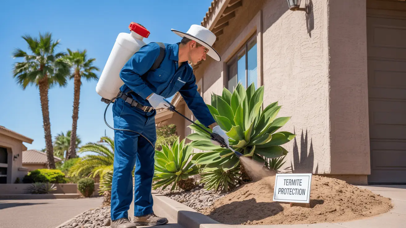 Pest control service in Chandler AZ treating home with visible pest issues in a desert-style yard