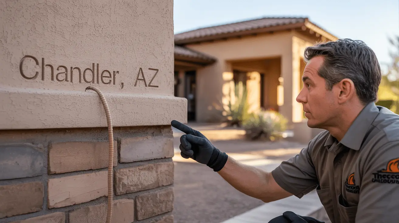 Termite inspection in Chandler AZ with inspector identifying mud tubes near stucco foundation of desert-style home.