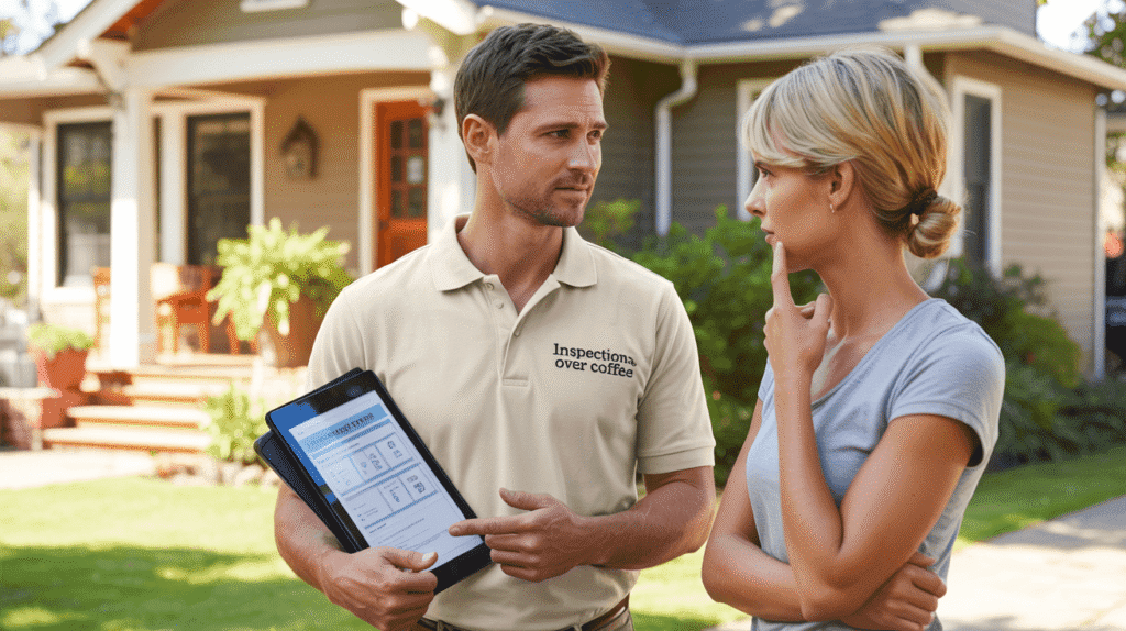 Home inspector explaining the limits of an inspection to a client during a walkthrough using a digital report on a tablet.