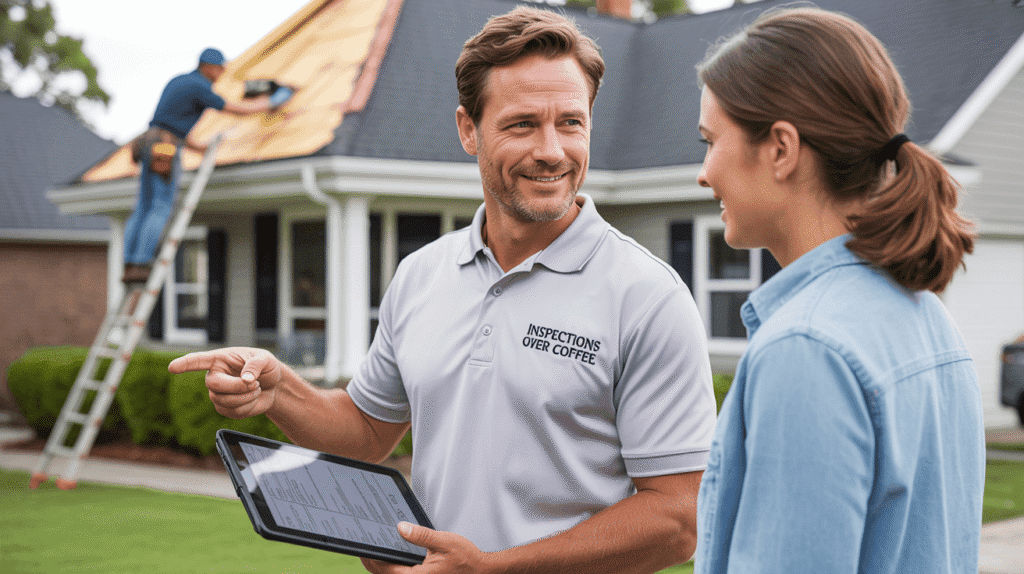 Home inspector guiding a client while a specialist reviews a flagged roof issue, showing teamwork and expertise boundaries.