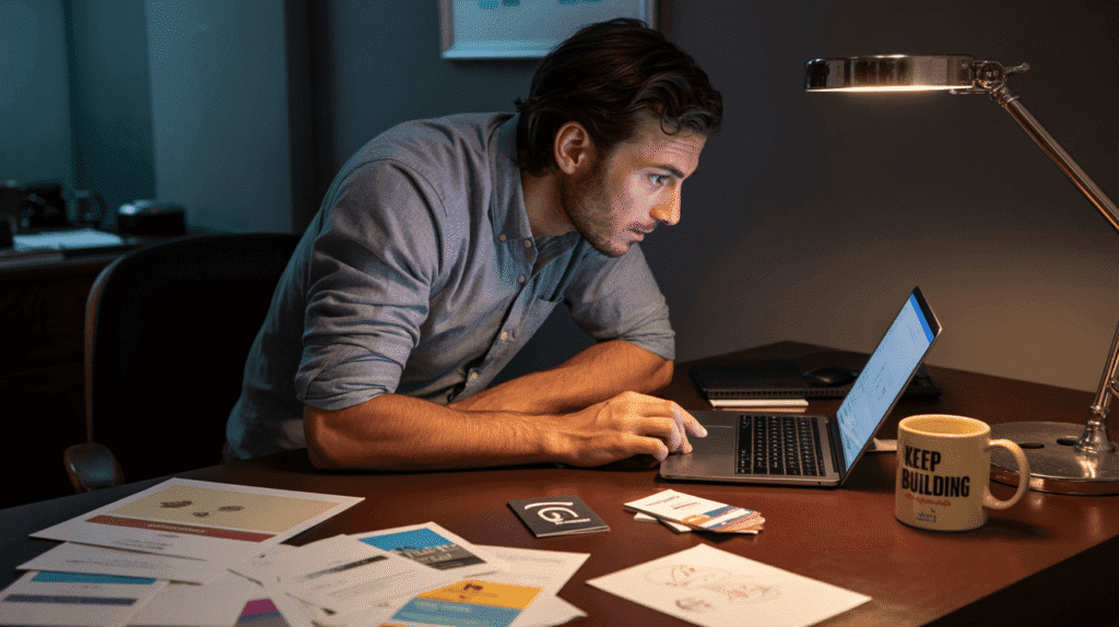 Home inspection franchise owner working late at desk creating landing pages, business cards, and social media content to build marketing funnel.