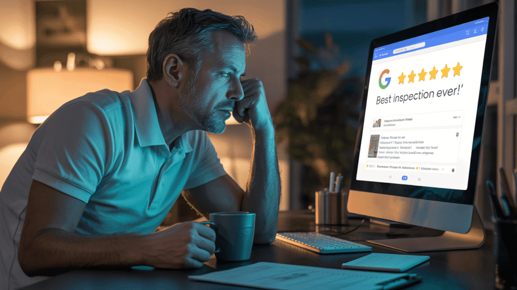 New home inspector reading their first online review with a mix of nerves and relief after completing early inspections.