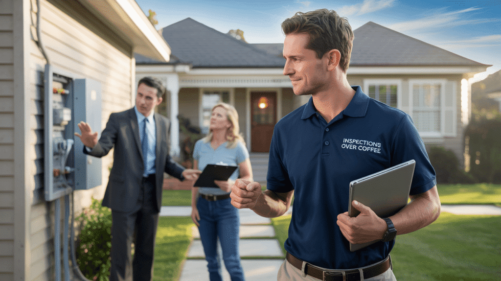 Inspector leaving after completing a home inspection as a pushy contractor tries to upsell unnecessary work to the buyer.